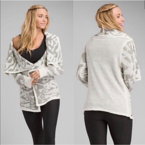 Prana Size M Gray White Reversible Alberta Open Front Waterfall Cardigan Sweater - Picture 2 of 5